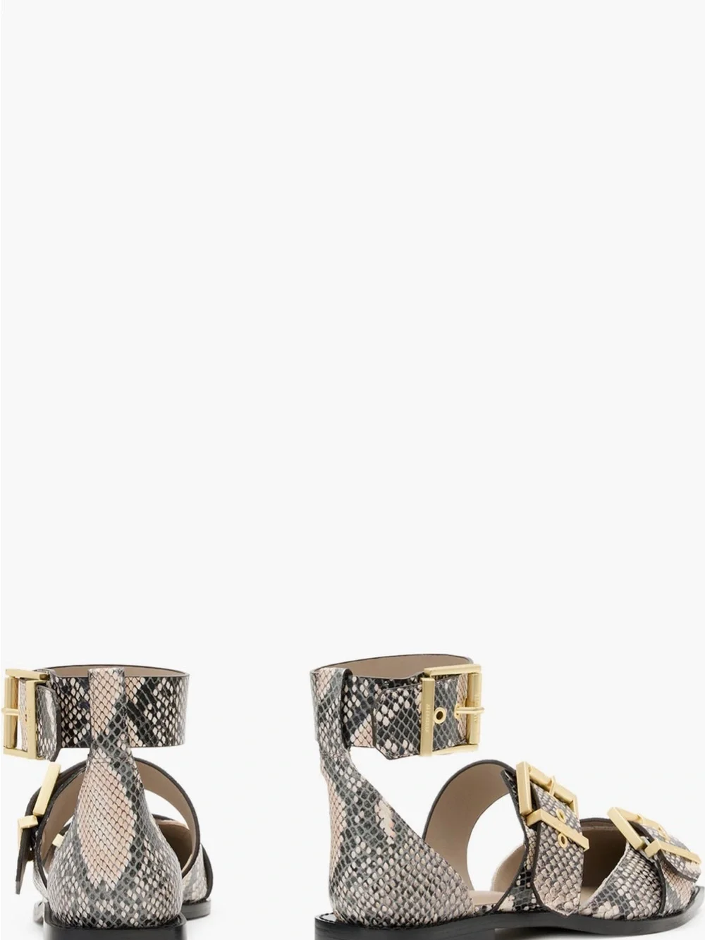 All Saints Snake-Print Buckle Flat Sandals in Neutral Tones